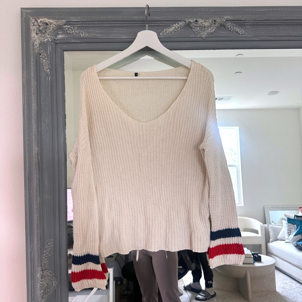 Brandy Melville Cotton Knit V-Neck Pullover Juliet Sweater Varsity Stripe Rugby
